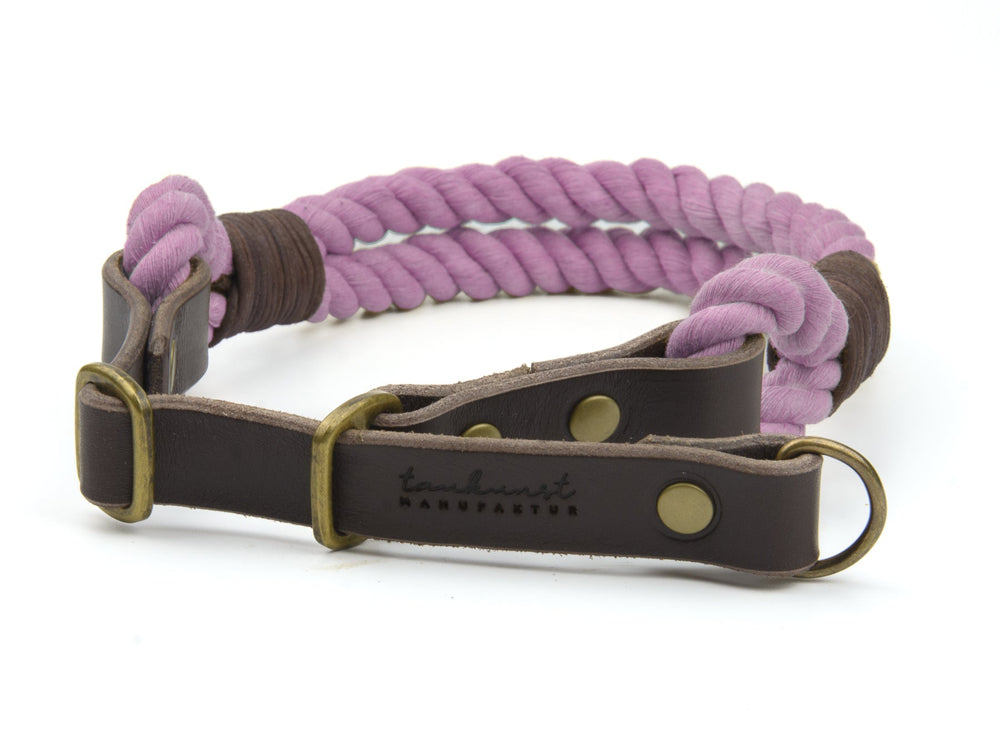 Lila geflochtenes Hundehalsband mit braunen Lederelementen und goldenen Beschlägen - ideal für stilbewusste Hundehalter.