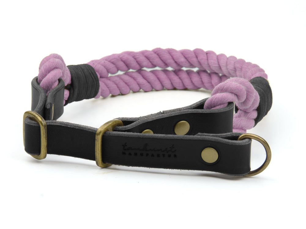Lila geflochtenes Hundehalsband mit schwarzem Leder und goldenen Schnallen, geprägt mit "Ahoi". Eignung für stilvolle Hunde.