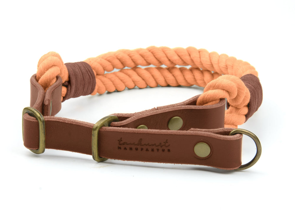 Zugstopp Tauhalsband Ahoi: Robustes orangenes Hundehalsband mit braunen Lederapplikationen und stilvollen Metallbeschlägen.