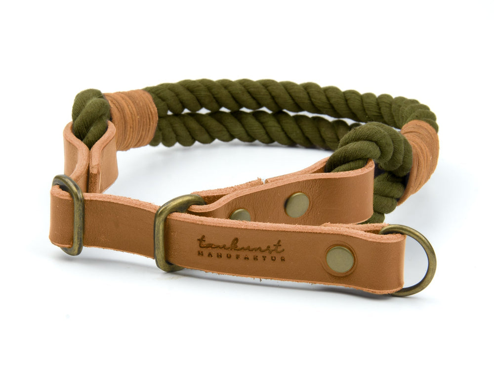 Zugstopp Tauhalsband Ahoi aus grünem Seil und braunem Leder mit Druckknöpfen und D-Ring für Hunde.