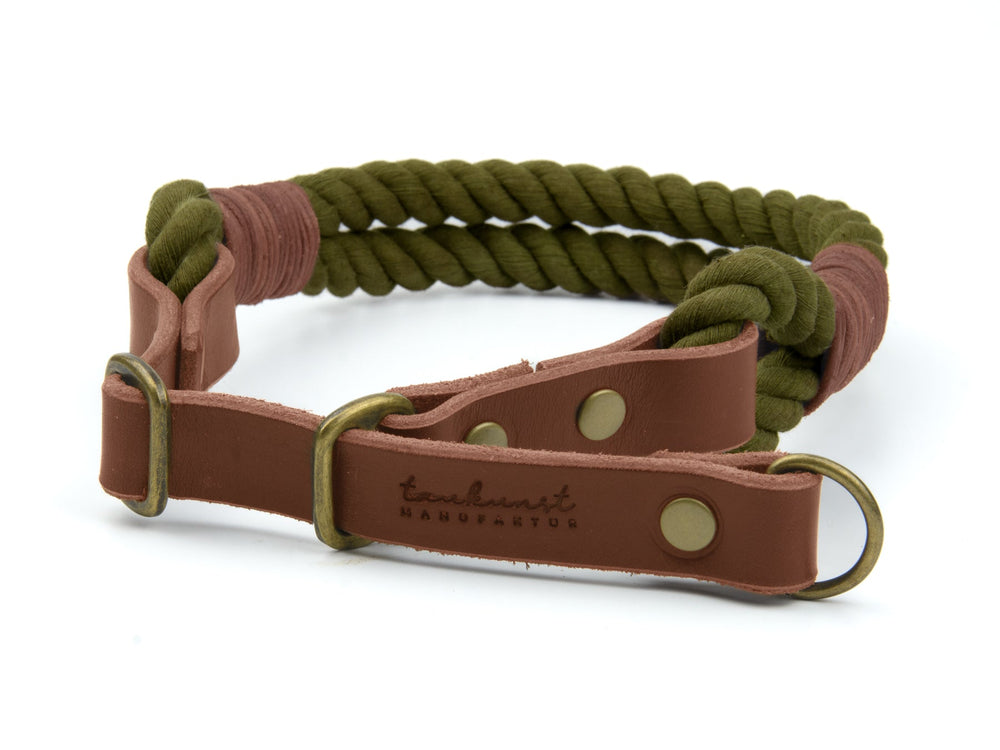 Grünes geflochtenes Hundehalsband mit braunem Leder und D-Ringen aus Metall, ideal für sicheren Halt.