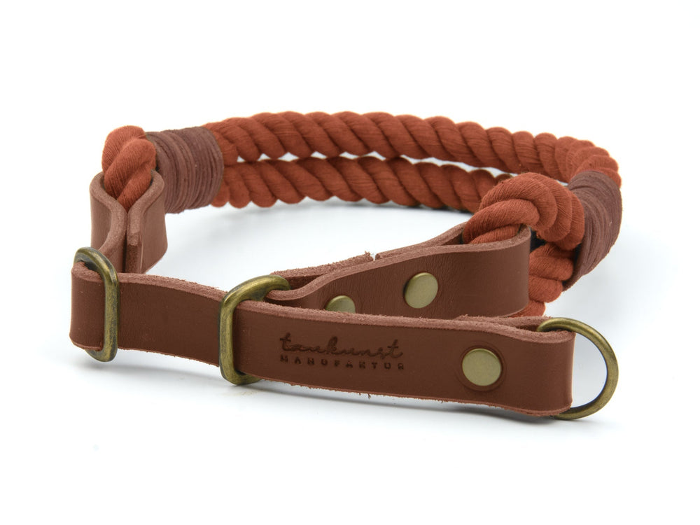 Zugstopp Tauhalsband Ahoi in warmem Orange mit braunem Leder und goldfarbenen Details für stilvolle Hunde.