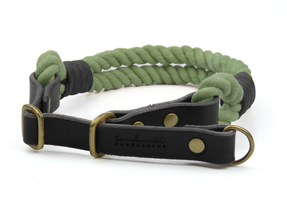 "Geflochtenes grünes Hundehalsband mit schwarzem Leder und goldenen Beschlägen, praktisch und stylisch, Logo-Tasche."