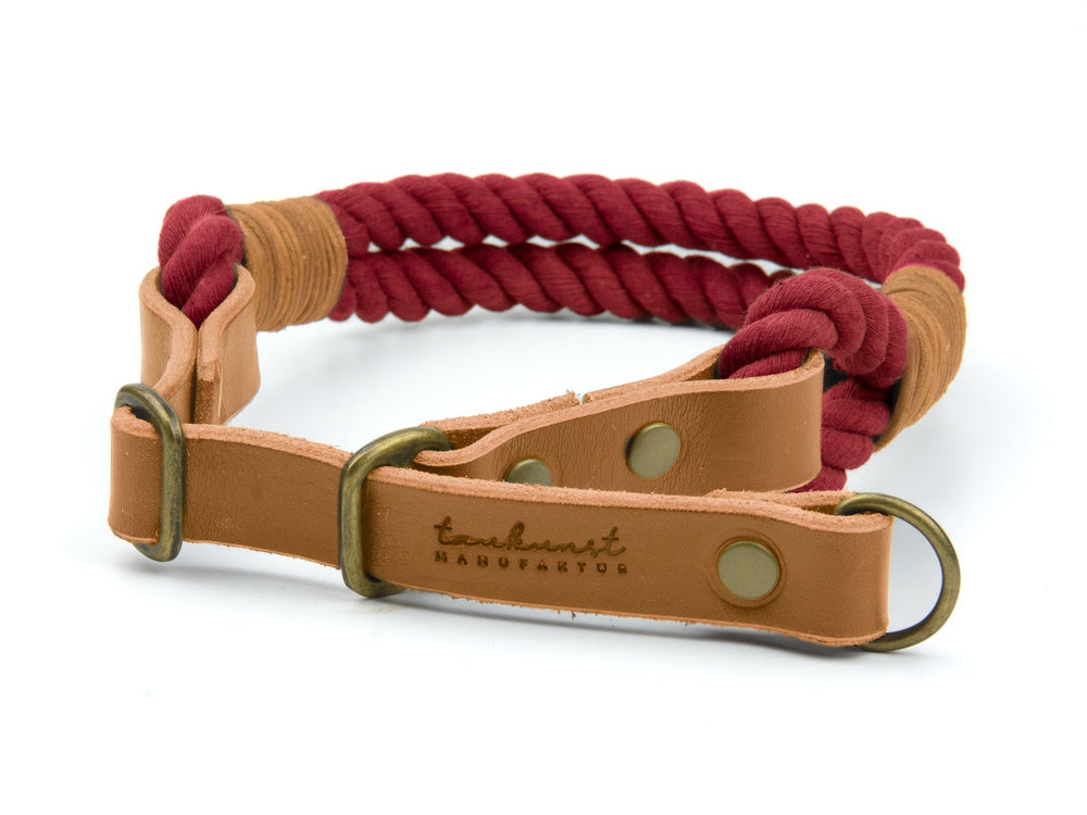 "Rotes geflochtenes Hundehalsband mit braunen Leder-Applikationen und robuster Schnalle für sicheren Halt."