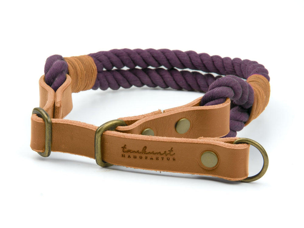 Robustes lila Zugstopp-Halsband mit braunen Lederdetails und goldenen Beschlägen für Hunde.