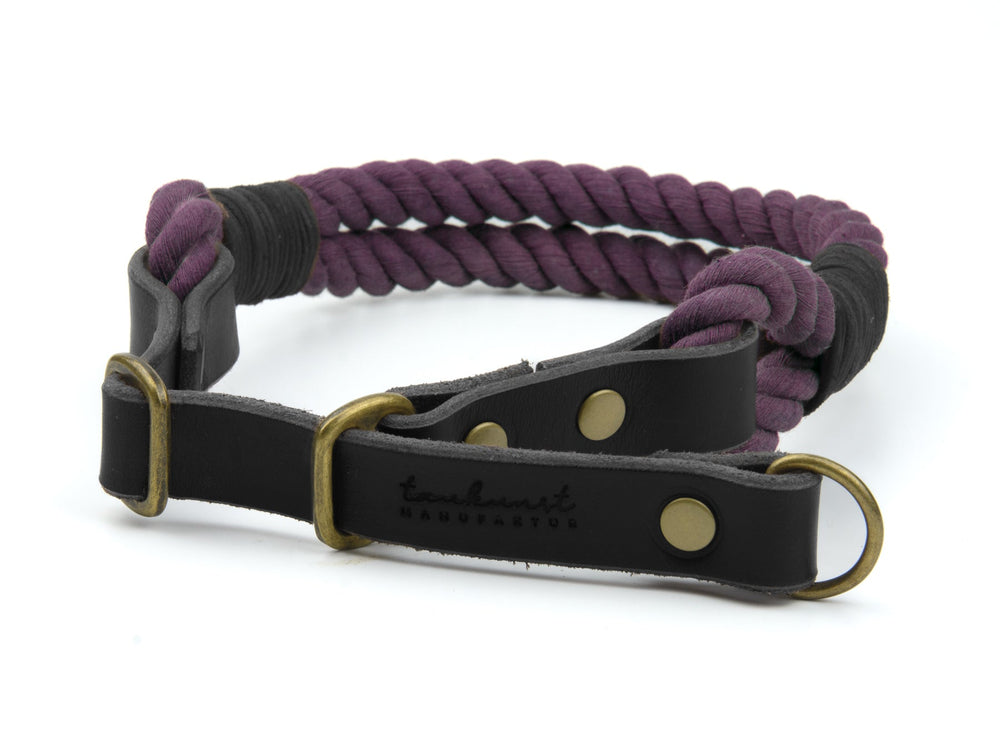Handgemachtes Hundehalsband in lila mit Lederdetails und goldener Schnalle, robust und stilvoll.