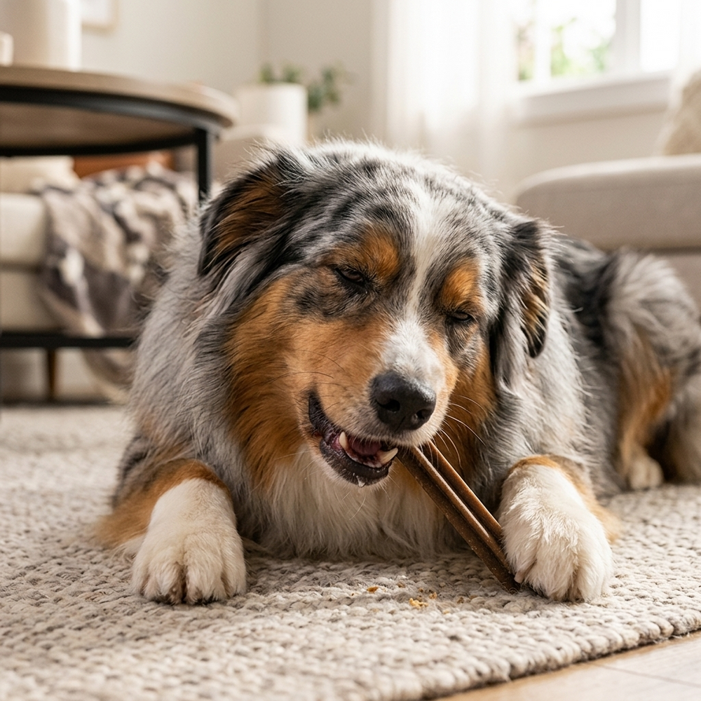 Australischer Schäferhund entspannt im Raum und kaut genüsslich auf einem FRED Dental Stick.