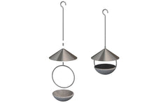 Modernes Edelstahl-Vogelhäuschen mit schalenförmiger Futterschale und konischem Deckel, ideal für Vögel im Garten.
