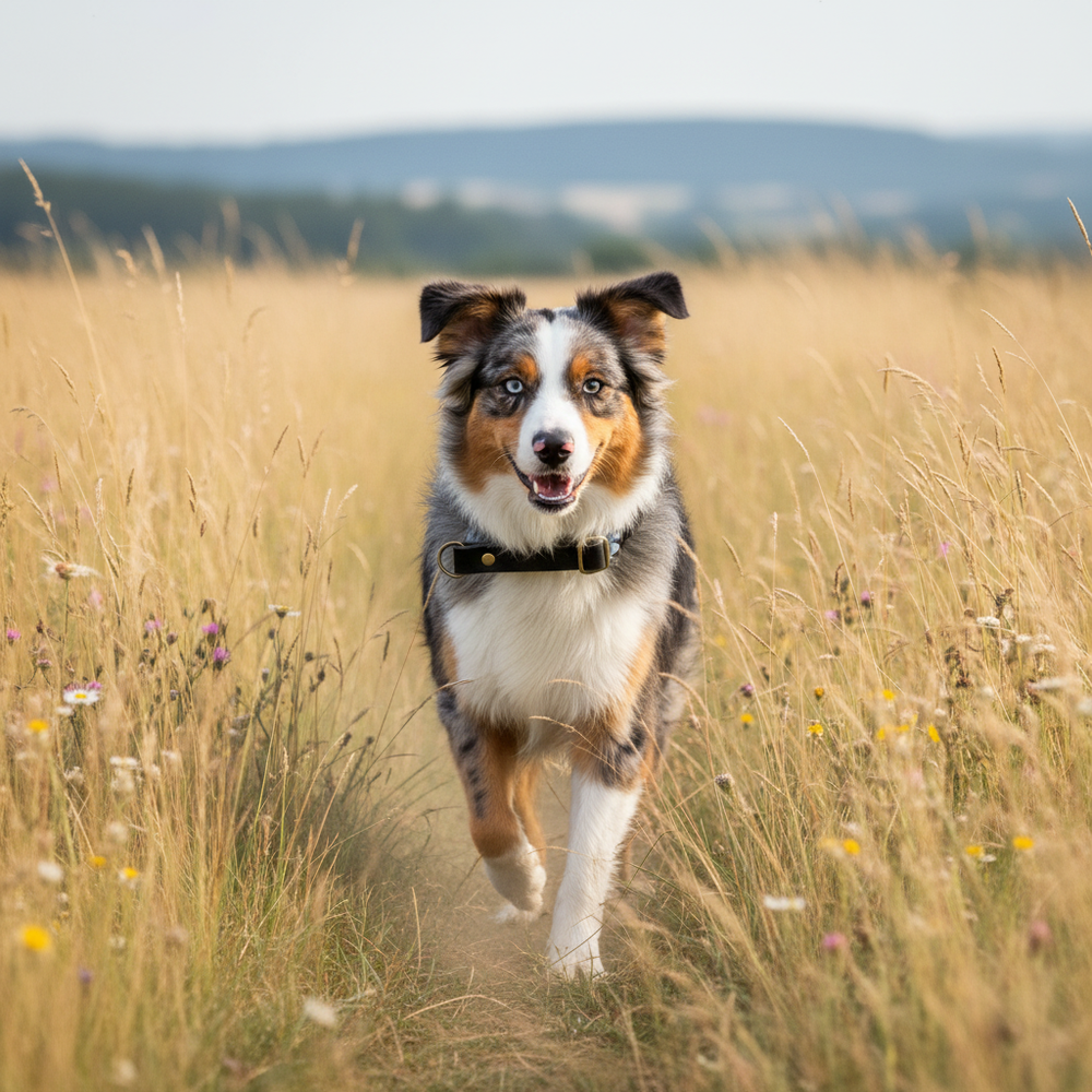 Fröhlicher Australian Shepherd läuft durch ein Feld mit Wildblumen, umgeben von sanften Hügeln und blauem Himmel.