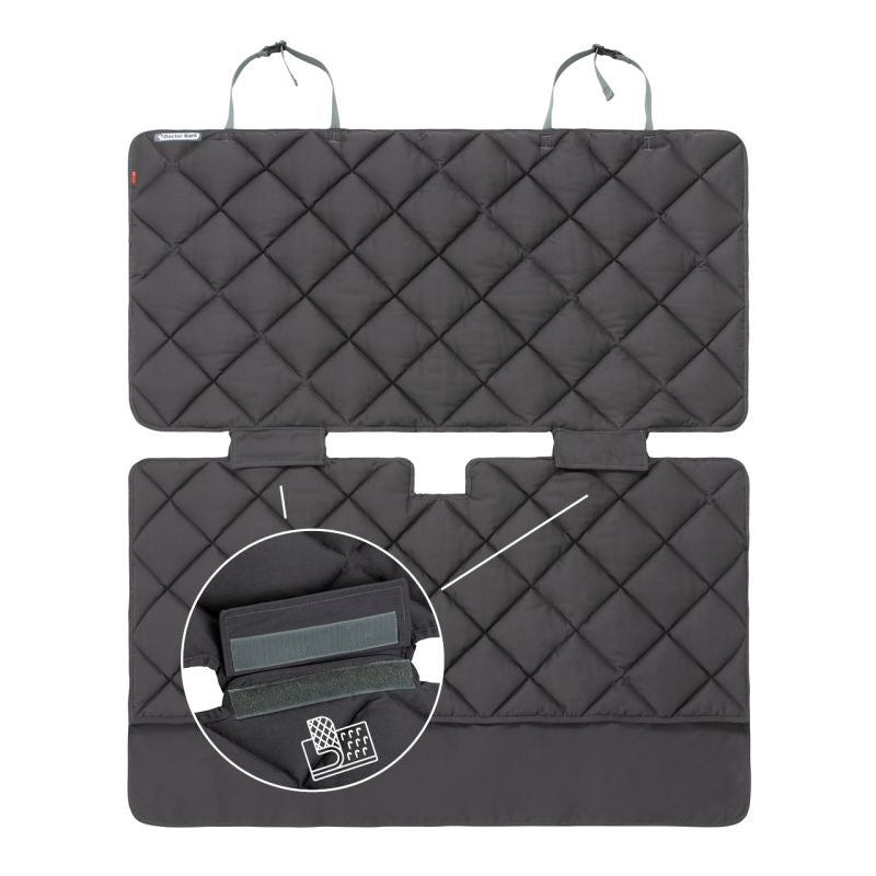 Schwarze Autoschondecke für VW Multivan (2-Sitz) mit diagonaler Steppung, faltbar und zwei Befestigungsbändern.
