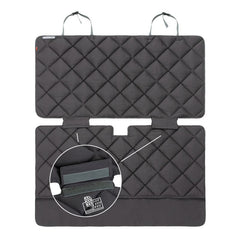 Schwarze Autoschondecke für VW Multivan (2-Sitz) mit diagonaler Steppung, faltbar und zwei Befestigungsbändern.