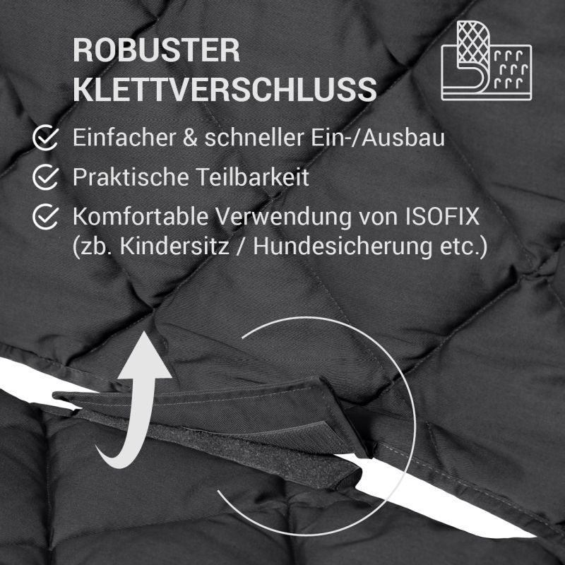 "Sitzschutz für VW Multivan mit robustem Klettverschluss und ISOFIX-Option für Kindersitze und Hundesicherungen."