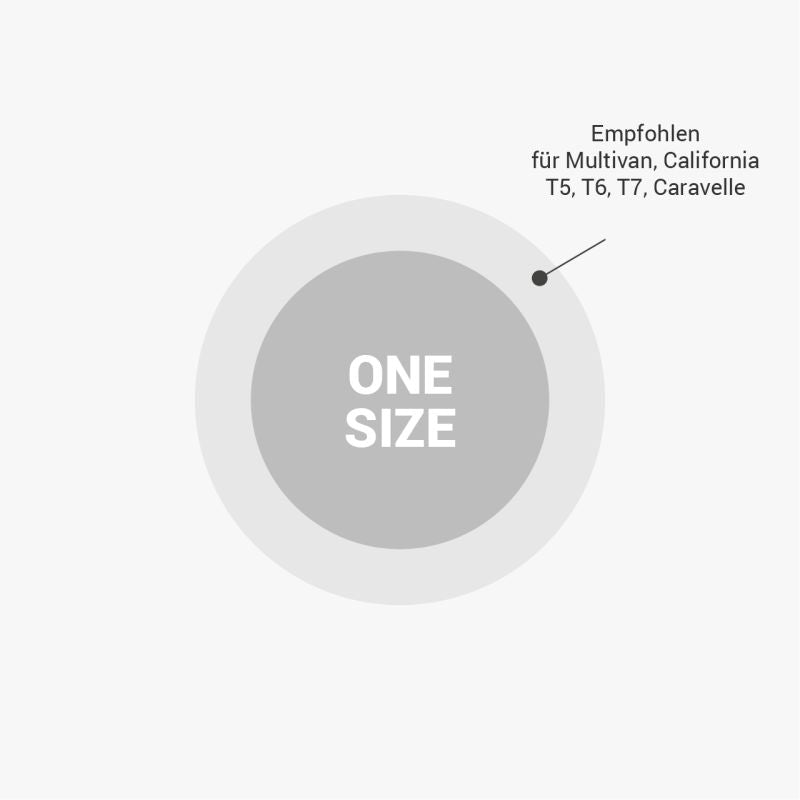 Sitzschutz für VW Multivan, California T5 und T6, auf grauem Hintergrund mit "ONE SIZE"-Aufdruck.