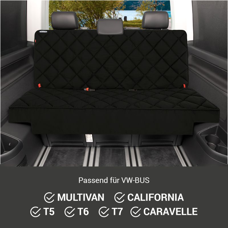 Schwarze, gepolsterte Rücksitzabdeckung mit Rautensteppung für VW Multivan, California, T5 und T-Modellen.