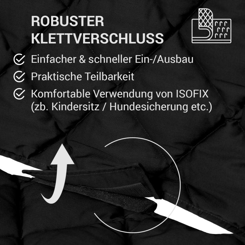 "Detailaufnahme vom Sitzschutz für VW Multivan mit robustem Klettverschluss für einfachen Ein- und Ausbau."