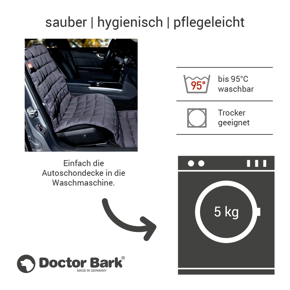 Hygienische und pflegeleichte Autoschondecke von Doctor Bark, waschbar bis 95°C und für den Trockner geeignet.