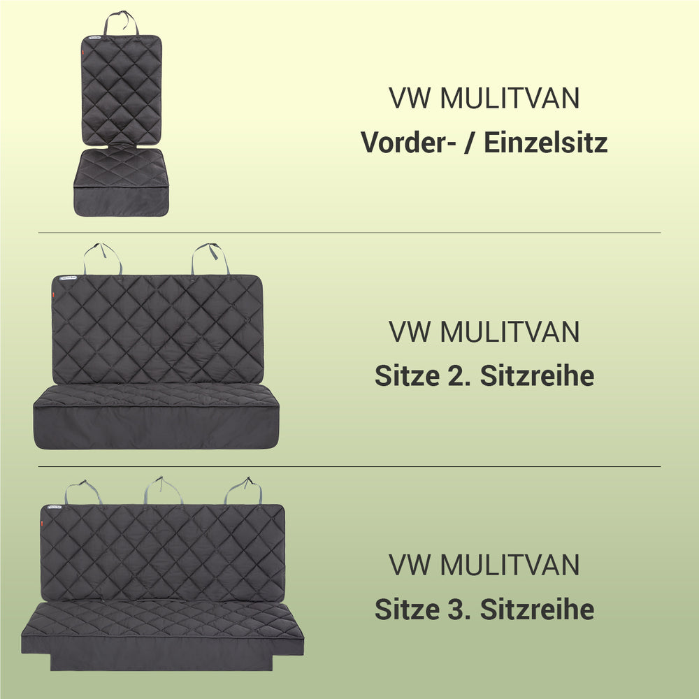 Sitzschutz für VW Multivan: Einzelsitzbezug oben, zweite Sitzreihe in der Mitte, idealer Schutz und Stil.