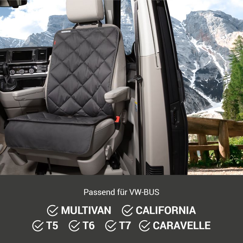 Gepolsterter Sitzbezug in Grau für VW Multivan, California, T5, T6 und T7, bietet optimalen Sitzschutz und Komfort.