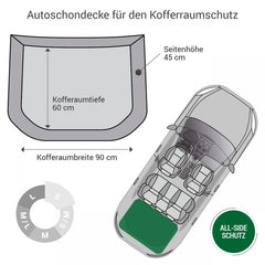 Illustration einer Autoschondecke mit Maßangaben für Kofferraumschutz und Seitenhöhe von 45 cm.