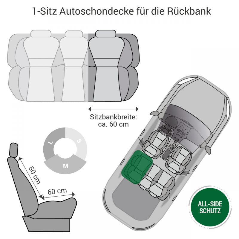"1-Sitz Autoschondecke für die Rückbank in grün, idealer Schutz für Fahrzeug-Innenraum mit Sitzplatzabmessungen."