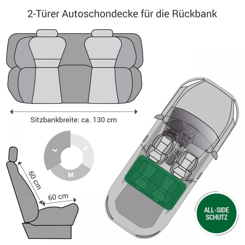 Schematische Darstellung einer Autoschondecke für 2-Türer Rückbank mit Maßangaben. Ideal für Cabrio und Coupé.