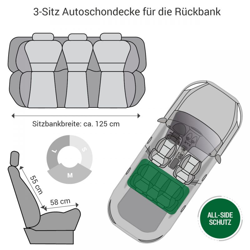 "3-Sitz-Autoschondecke für die Rückbank mit Abmessungen, ideal für Schutz und Komfort während Fahrten."