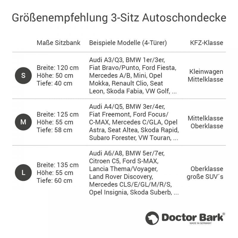 Tabelle mit Größenempfehlungen für eine 3-Sitz-Autoschondecke und passenden Fahrzeugmodellen.