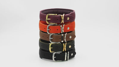 Halsband Mono Pop Herbst Edition: Fünf Lederarmbänder in lila, orange, braun, schwarz und einem dunklen Farbton.