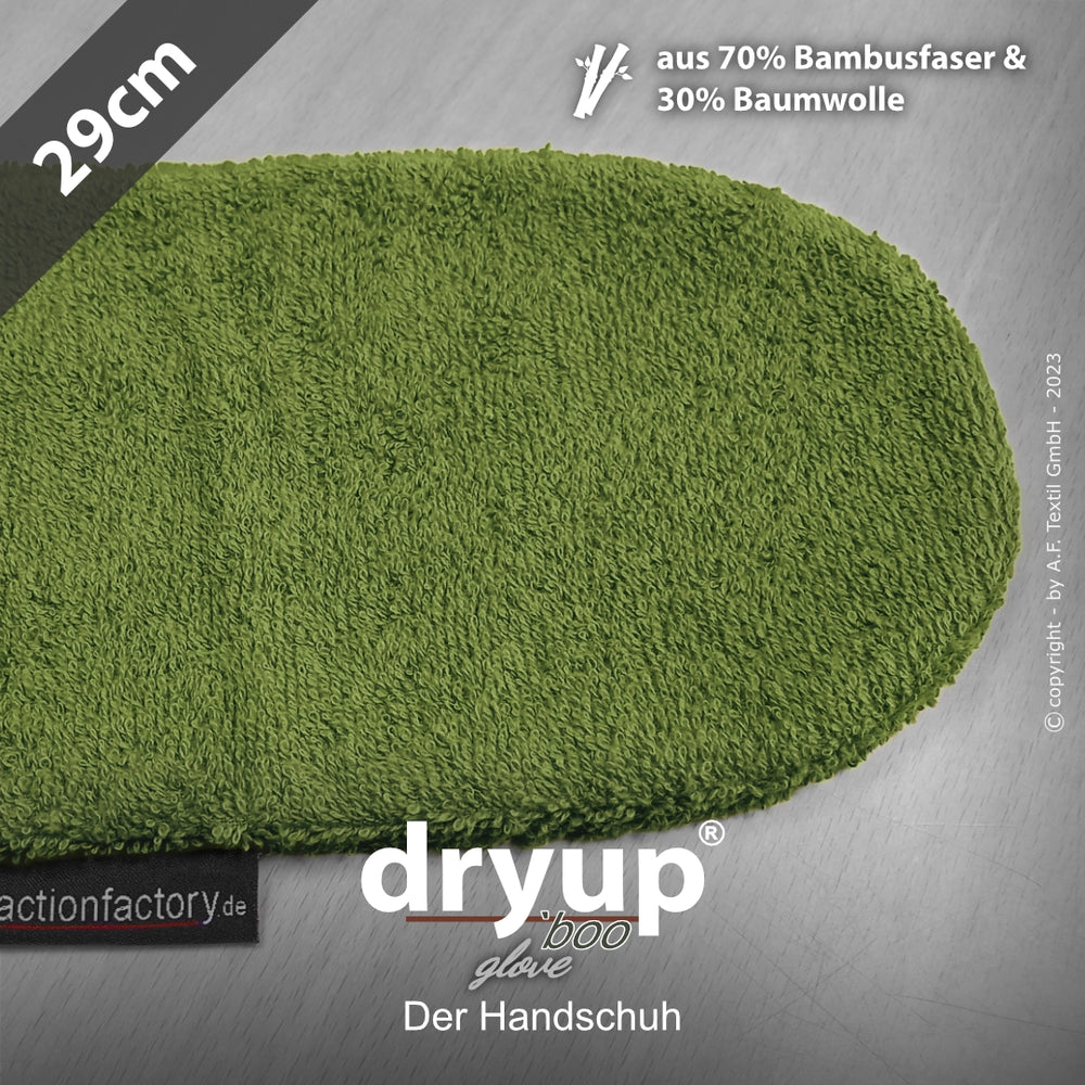 Grüner Dryup® Handschuh aus 70% Bambusfaser und 30% Baumwolle, 29 cm lang, mit Logo in der unteren Bildhälfte.