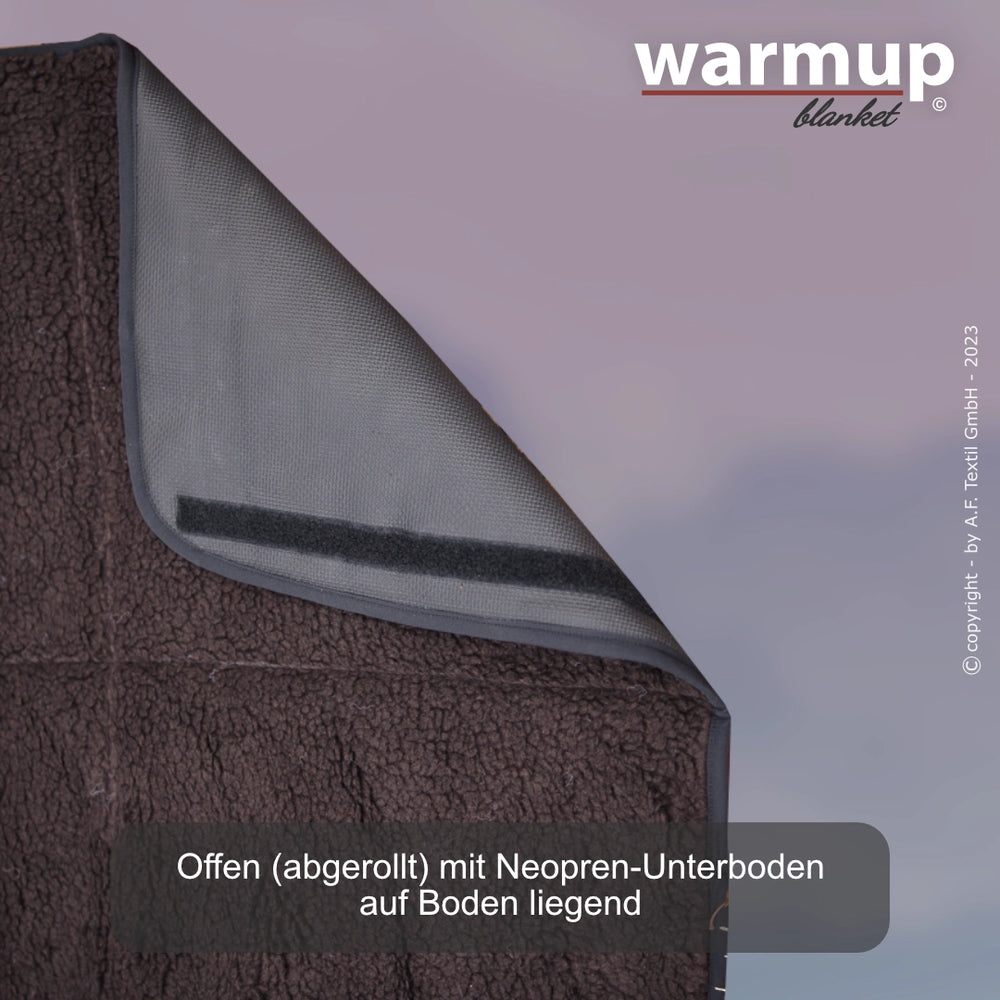 Warme, flauschige Decke aus Neopren und weichem Material, auf dem Boden ausgebreitet, in dunklen Farbtönen.