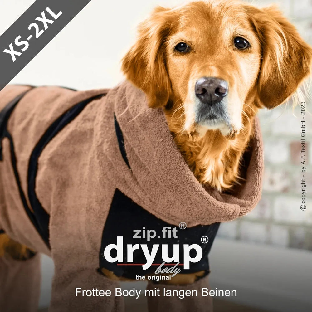 Brauner Frottee-Body für Hunde, saugfähig und weich, in neutralem Hintergrund präsentiert.
