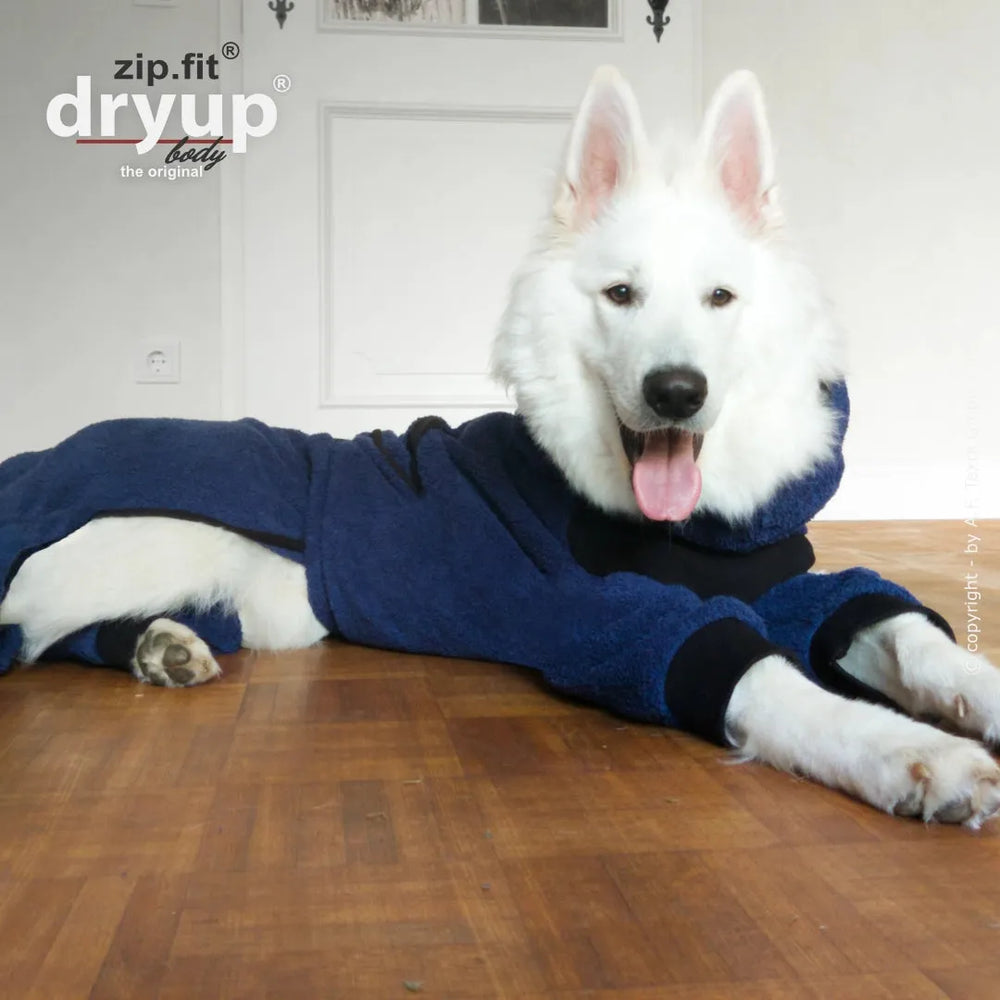 Weißer Hund in blauem, kuschelweichem Anzug mit Kapuze, entspannt und freundlich liegend.
