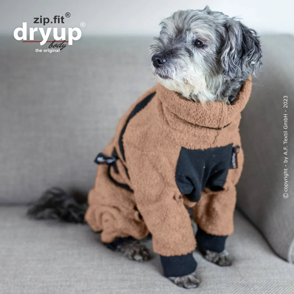 Hund im braunen Overall mit schwarzen Einsätzen sitzt auf hellen Sofa und schaut nach rechts. ideales Outfit für kalte Tage.