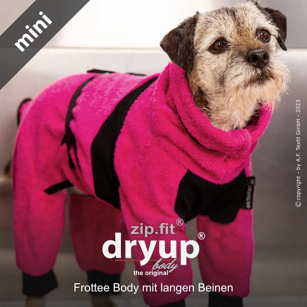 Kleiner Hund im pinken Frottee-Anzug mit schwarzem Muster steht aufrecht, ideal für den Dryup® BODY zip.fit® mini.
