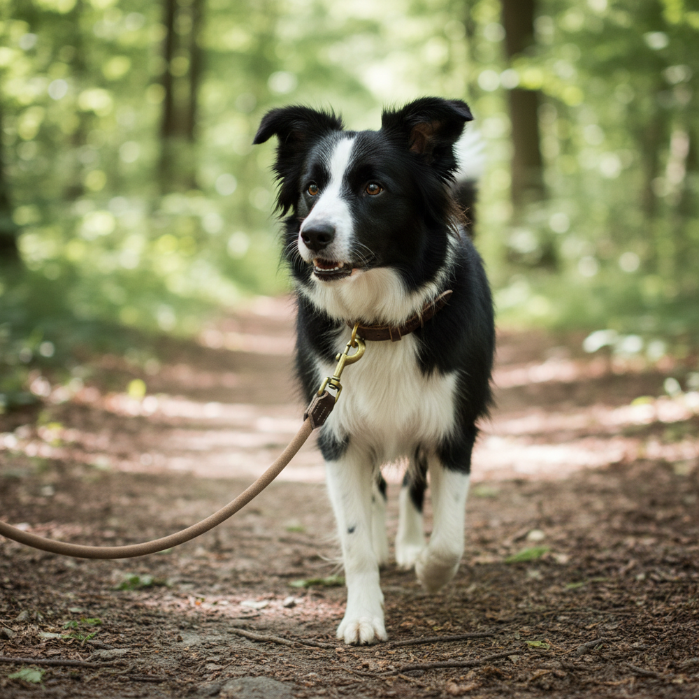 Border Collie läuft an einer Wildlederleine durch grünen Waldweg mit buntem Laub und Sträuchern.
