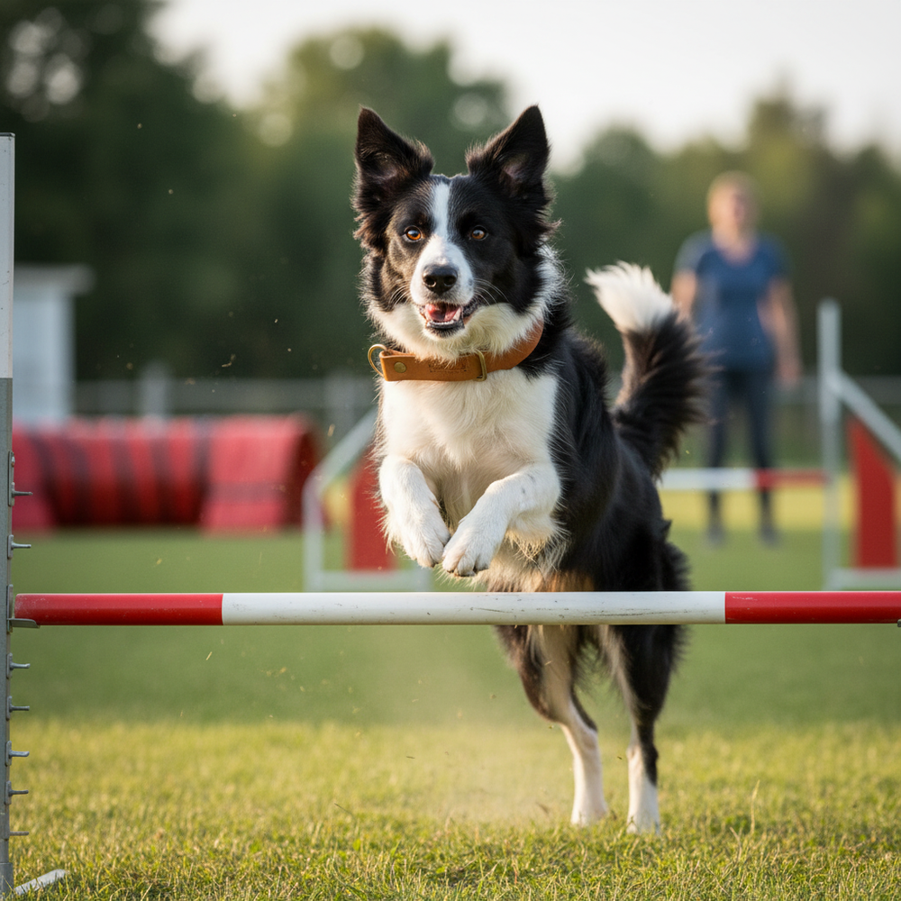 Border Collie springt agil über einen Hindernisparcours, trägt ein Zugstopp Lederhalsband WALDSTREUNER.