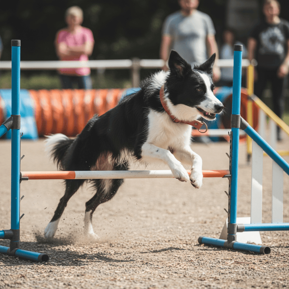 Energiegeladener Hund springt über ein Hindernis im Agility-Parcours, tragen ein Zugstopp Lederhalsband WALDSTREUNER.