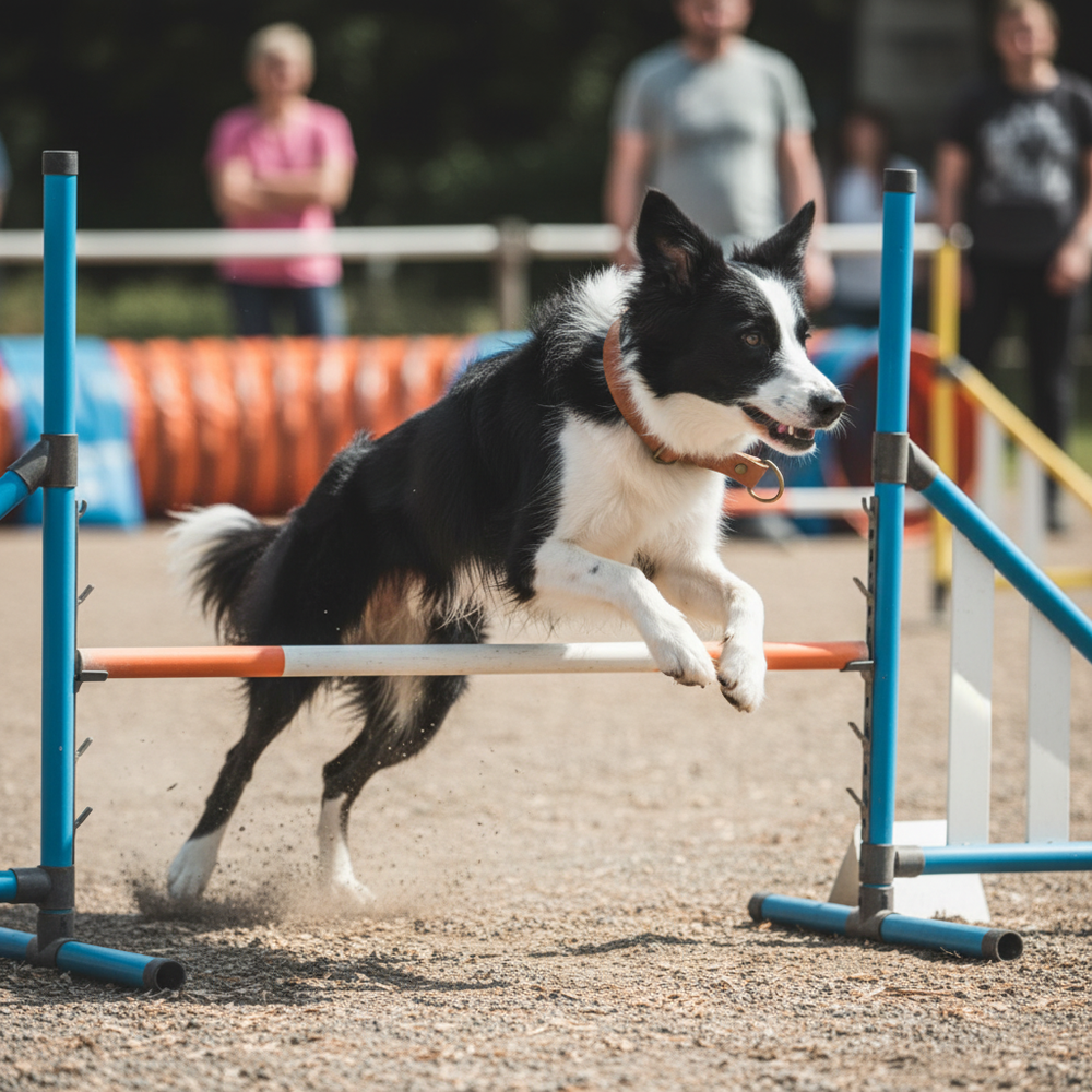 Energiegeladener Hund springt über ein Hindernis im Agility-Parcours, tragen ein Zugstopp Lederhalsband WALDSTREUNER.