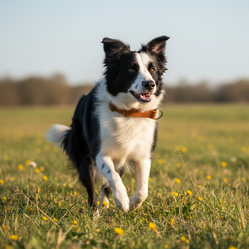 Fröhlicher Border Collie mit schwarz-weißem Fell und hellbraunem Zugstopp Lederhalsband auf blühender Wiese.