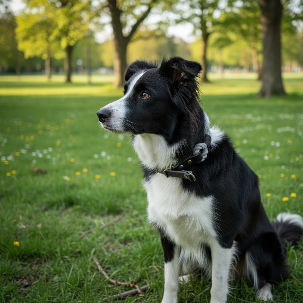 Border Collie im Park mit Zugstopp Tauhalsband Ahoi, aufmerksam nach links schauend, umgeben von Wiesen und Bäumen.