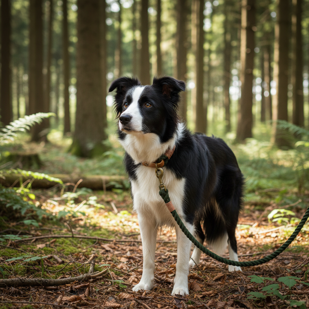 Schwarzer und weißer Border Collie an Leine im grünen, sonnigen Wald mit Bäumen und Farnen.
