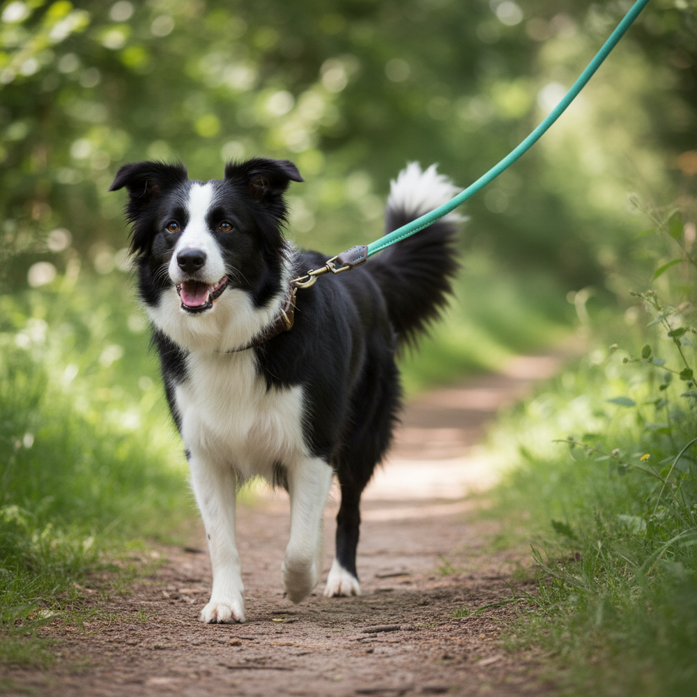 Fröhlicher Border Collie mit Wildlederleine läuft auf einem schmalen Weg durch eine grüne, natürliche Umgebung.