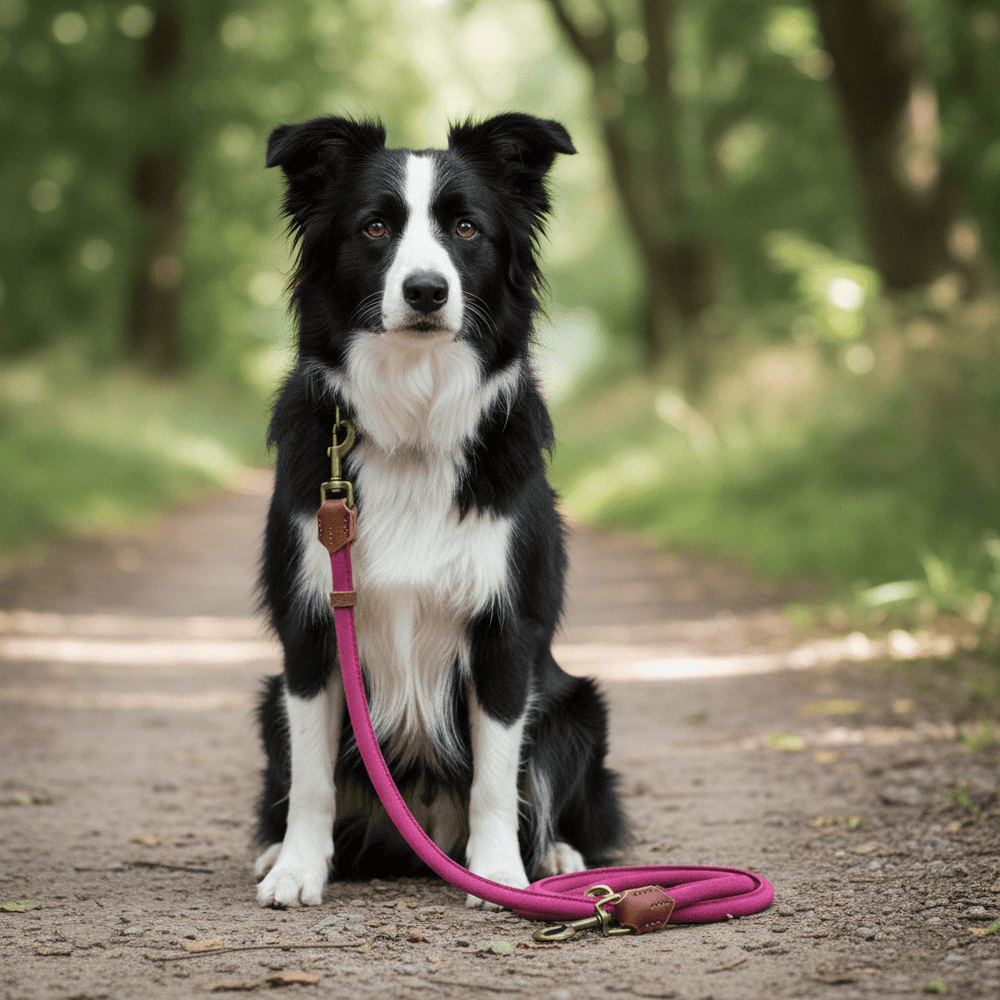 Border Collie mit pinker Leine sitzt auf schmalem, von Bäumen gesäumtem Weg. Wildlederleine Wildfang im Einsatz.