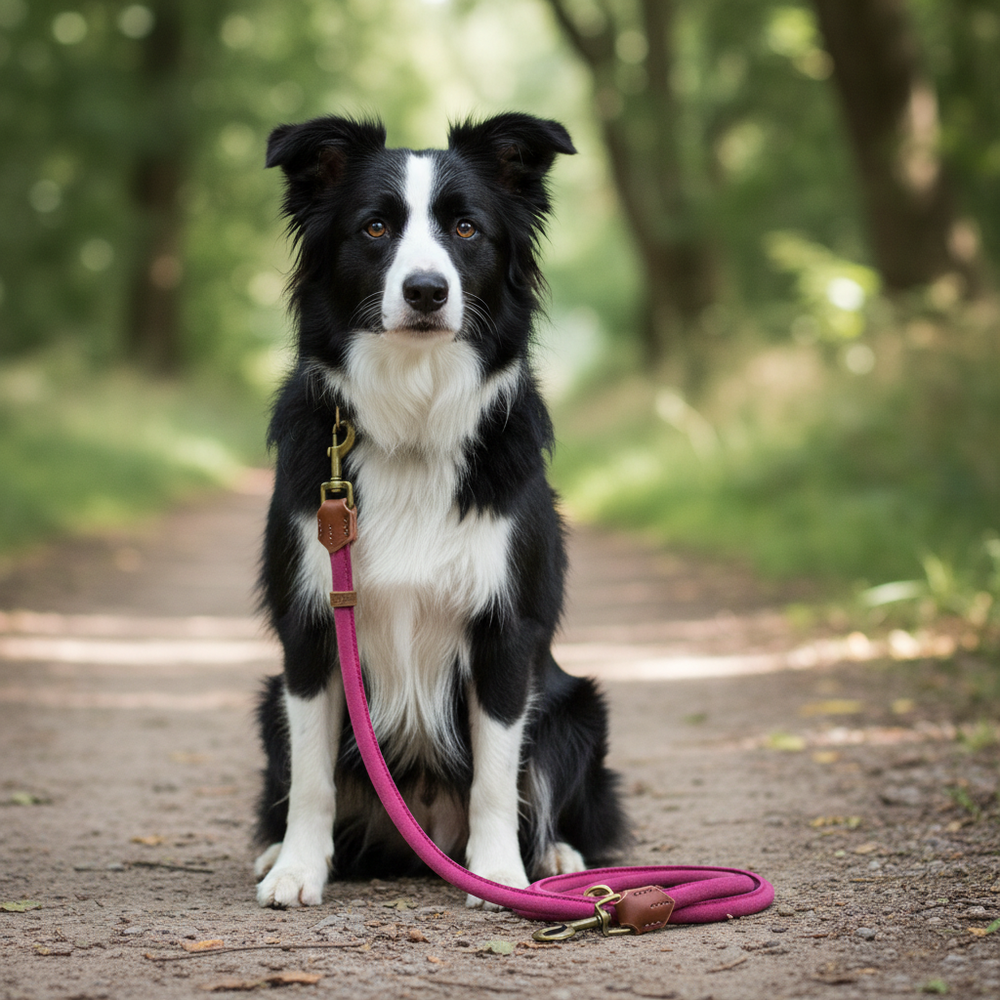 Border Collie mit pinker Leine sitzt auf schmalem, von Bäumen gesäumtem Weg. Wildlederleine Wildfang im Einsatz.