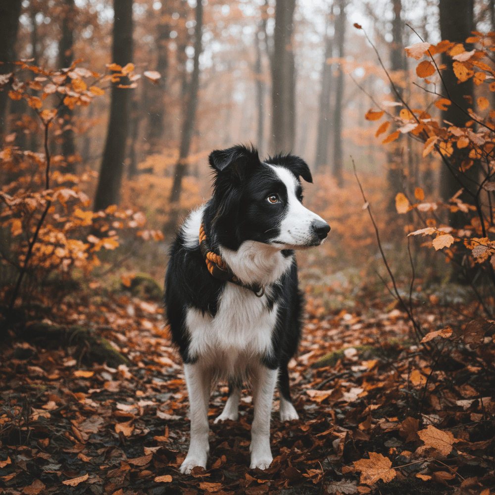 Schwarzer und weißer Border Collie im herbstlichen Wald auf buntem Laub, umgeben von orangefarbenen und braunen Bäumen.