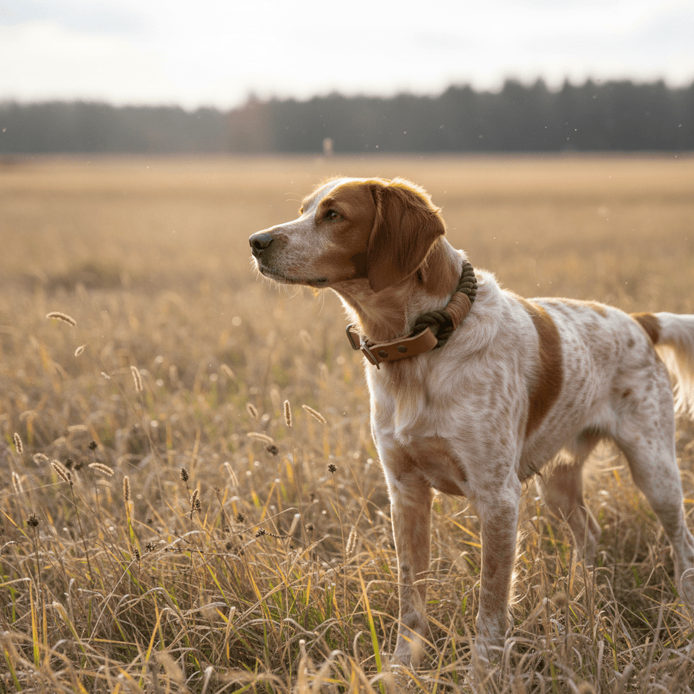 Braun-weißer Hund im Feld mit Bäumen im Hintergrund und bewölktem Himmel, trägt ein Zugstopp Tauhalsband Ahoi.