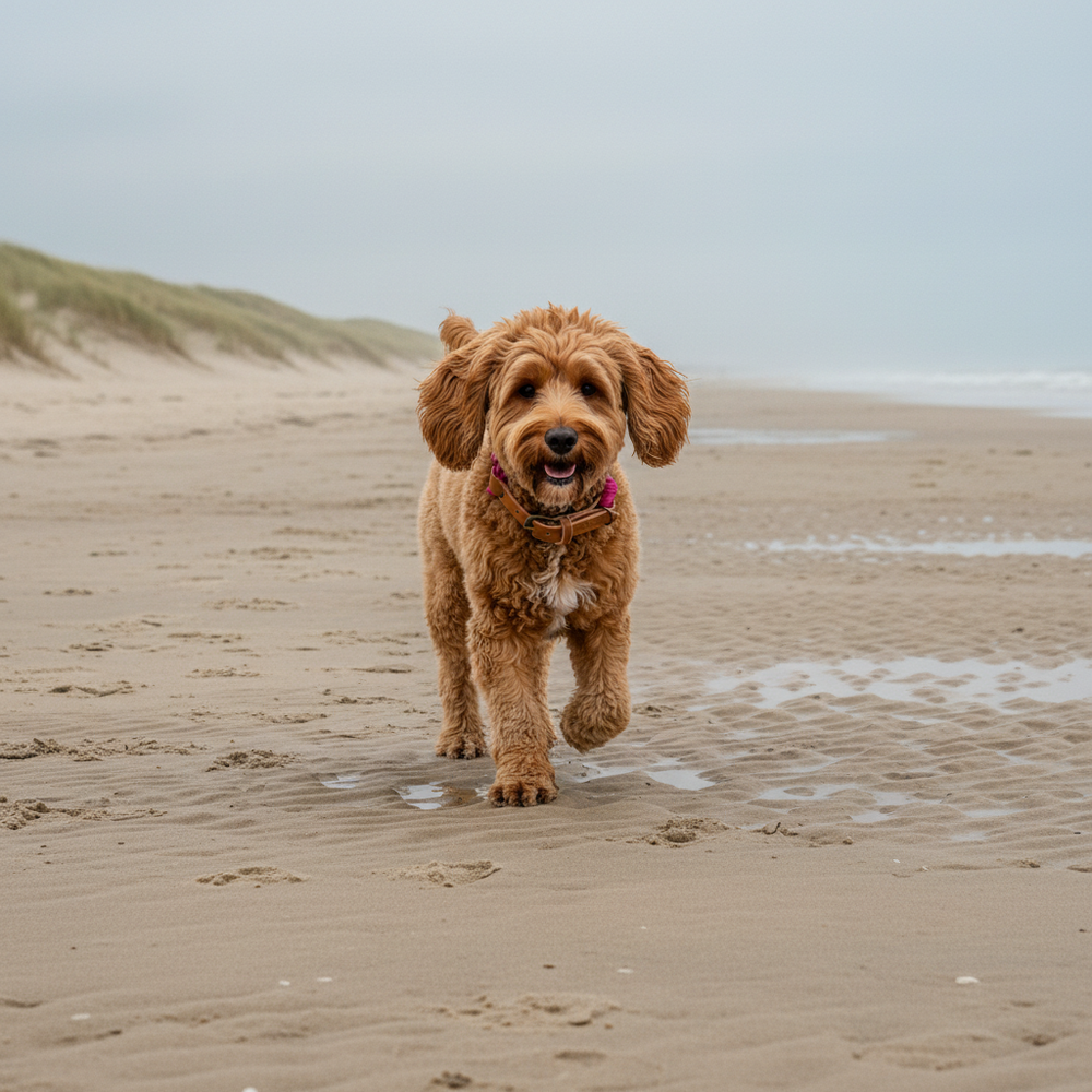 Brauner Hund mit lockigem Fell trägt ein Tauhalsband und läuft fröhlich am Strand, im Hintergrund Ozean und Hügel.