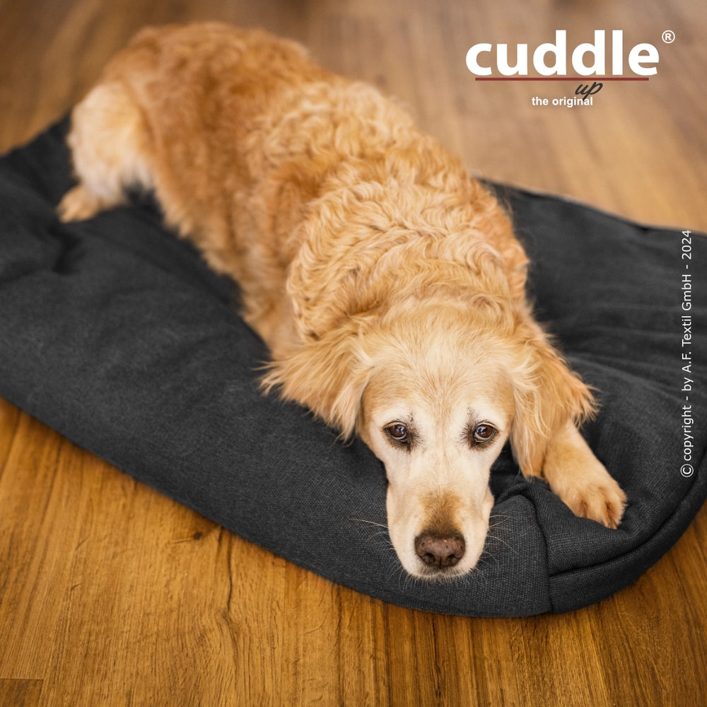 Entspannter Hund auf einem dunkelbraunen Hundebett von cuddle.up® auf einem Holzboden, schaut zur Kamera.