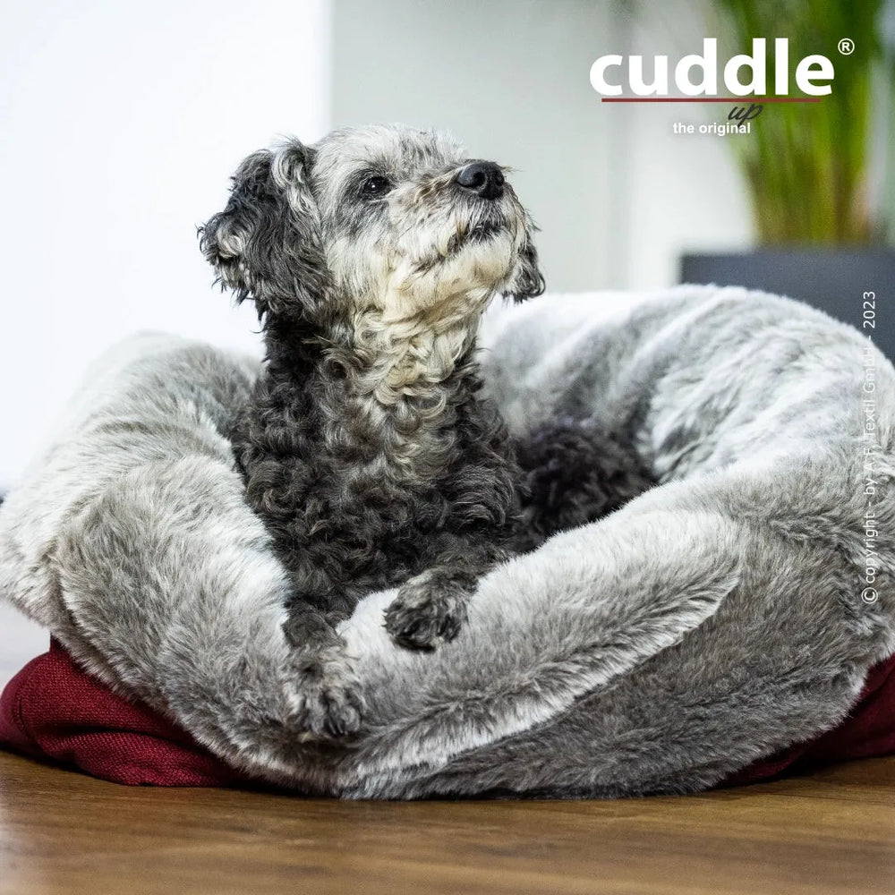 Ein glücklicher Hund sitzt in einem bequemen, runden Hundebett mit grauer Fluff-Oberfläche und rotem Boden.