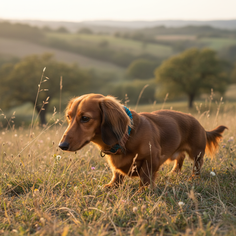 Kleiner brauner Hund läuft durch hohes Gras, mit sanften Hügeln und Sonnenuntergang im Hintergrund. Zugstopp Tauhalsband Ahoi.